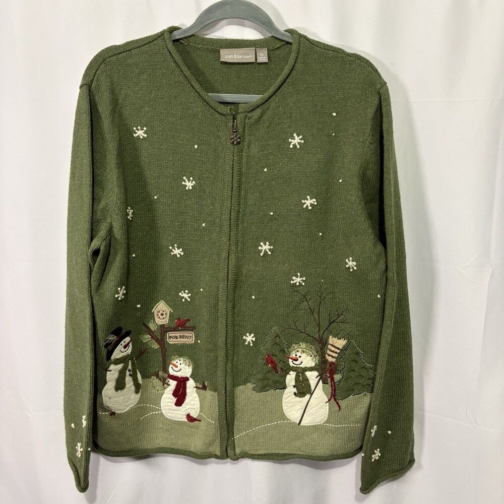 Croft & Barrow Womens Sz XL Vintage Green Full Zip Snowman Christmas Cardigan